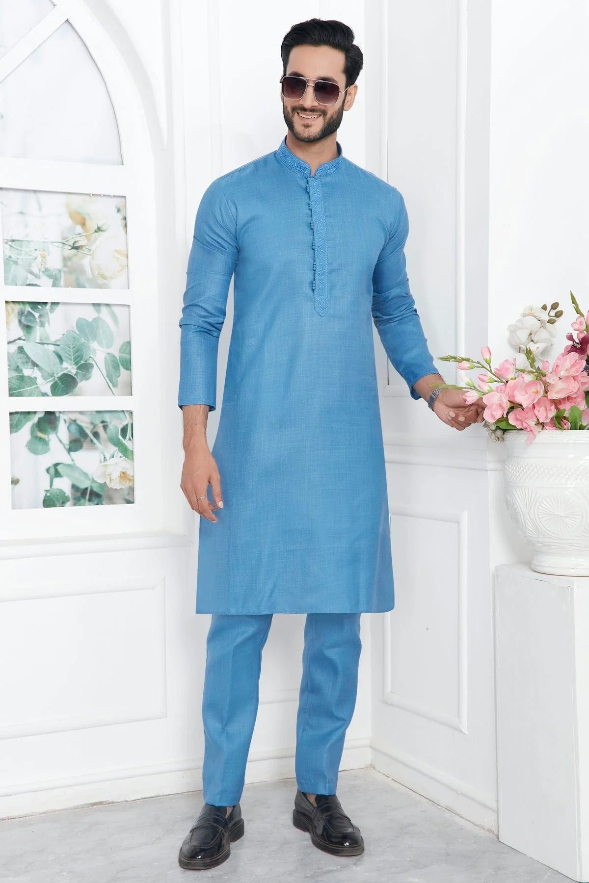 Sky Blue Colour Linen Cotton Thread Work Kurta Pajama KP1230138 A