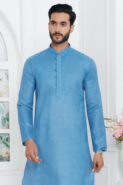 Sky Blue Colour Linen Cotton Thread Work Kurta Pajama KP1230138 B
