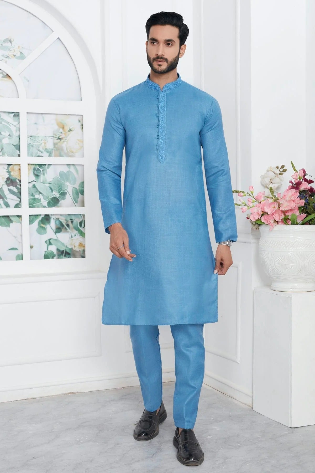 Sky Blue Colour Linen Cotton Thread Work Kurta Pajama KP1230138