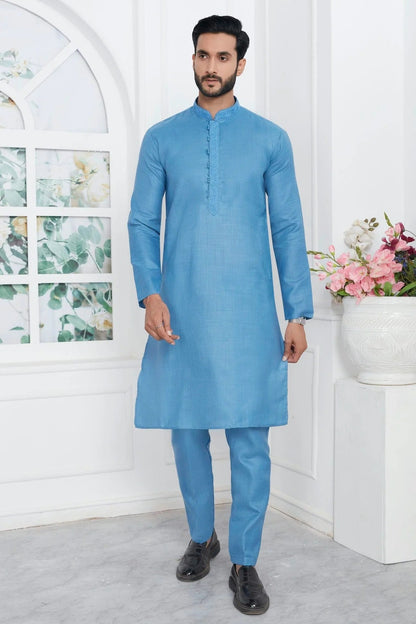 Sky Blue Colour Linen Cotton Thread Work Kurta Pajama KP1230138