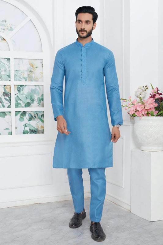 Sky Blue Colour Linen Cotton Thread Work Kurta Pajama KP1230138