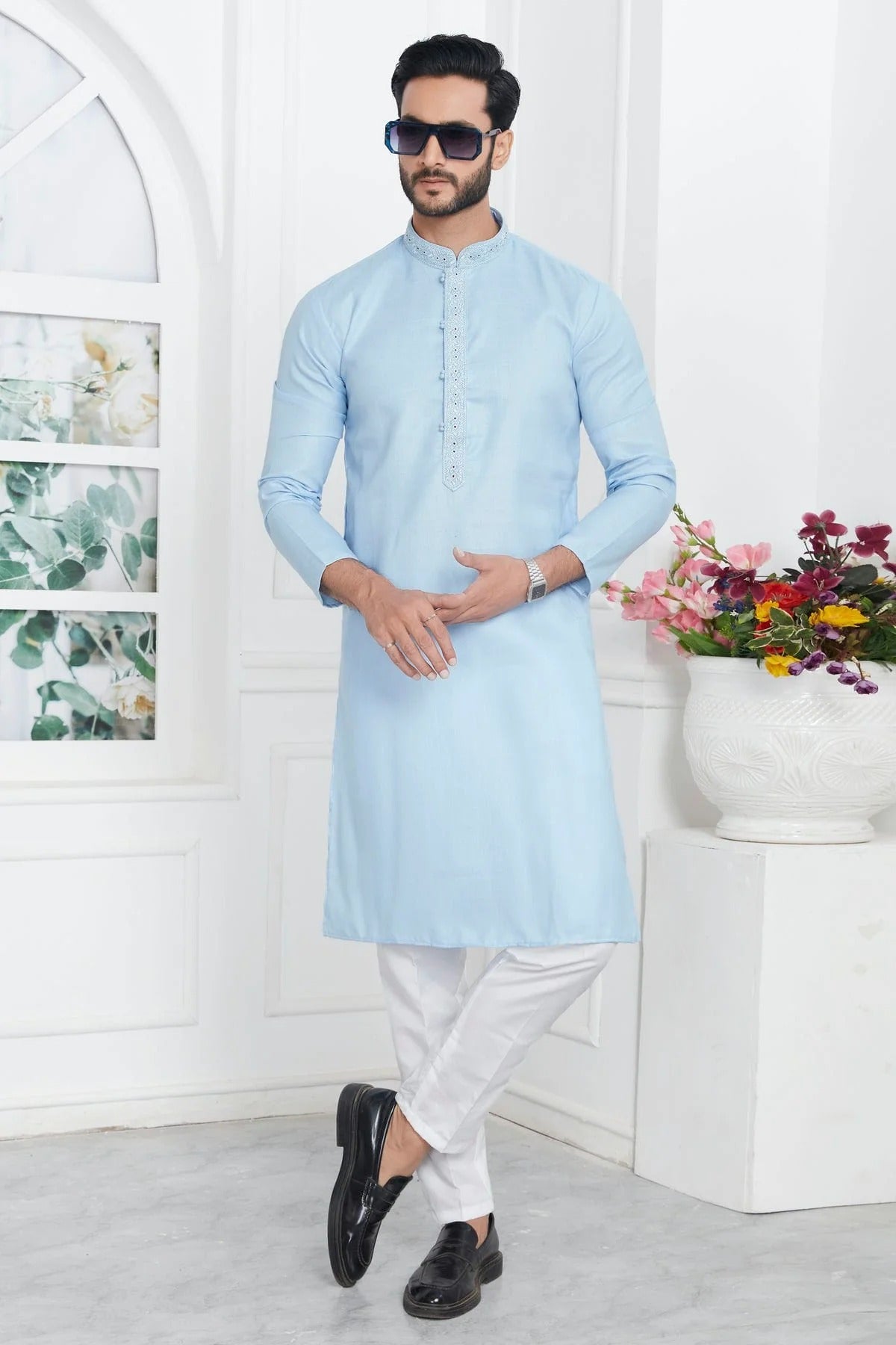 Sky Blue Colour Linen Cotton Thread Work Kurta Pajama KP1230147 A