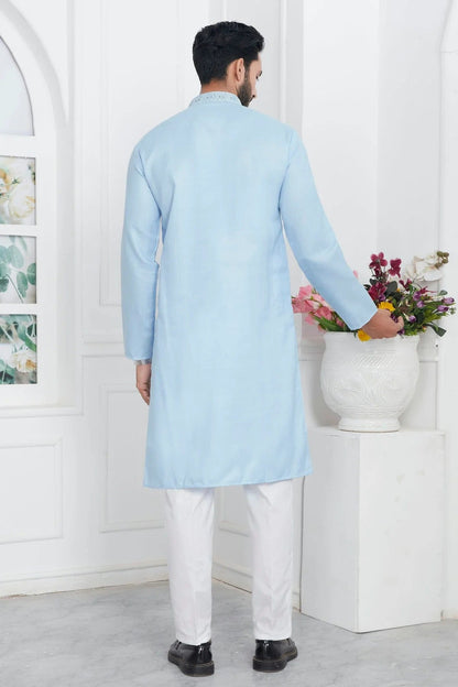 Sky Blue Colour Linen Cotton Thread Work Kurta Pajama KP1230147 B