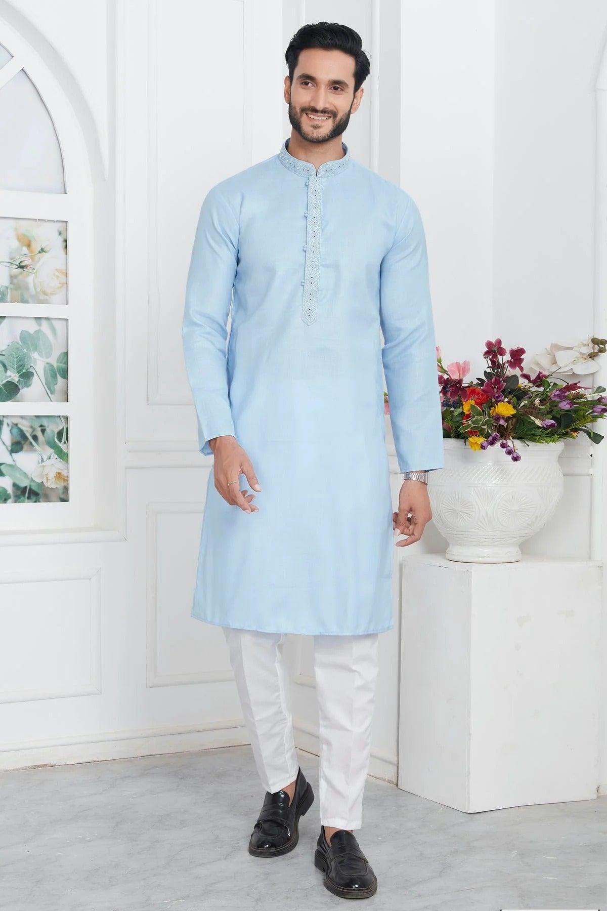 Sky Blue Colour Linen Cotton Thread Work Kurta Pajama KP1230147