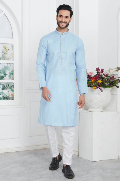 Sky Blue Colour Linen Cotton Thread Work Kurta Pajama KP1230147