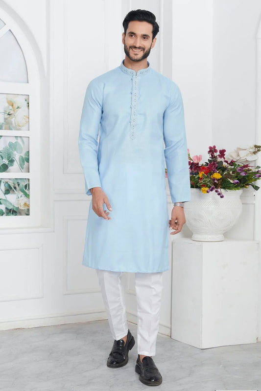 Sky Blue Colour Linen Cotton Thread Work Kurta Pajama KP1230147