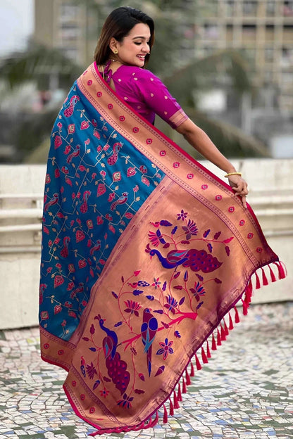 Sky Blue Colour Meenakari Work Soft Silk Paithani Sarees SD1113364 A