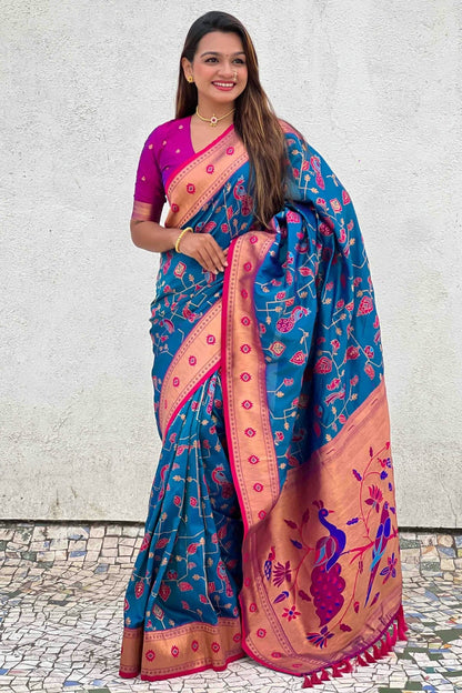 Sky Blue Colour Meenakari Work Soft Silk Paithani Sarees SD1113364