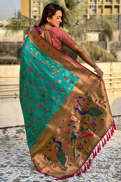 Sky Blue Colour Meenakari Work Soft Silk Paithani Sarees SD1113369 A