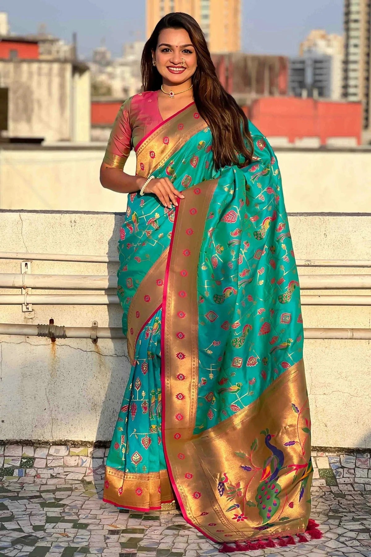 Sky Blue Colour Meenakari Work Soft Silk Paithani Sarees SD1113369