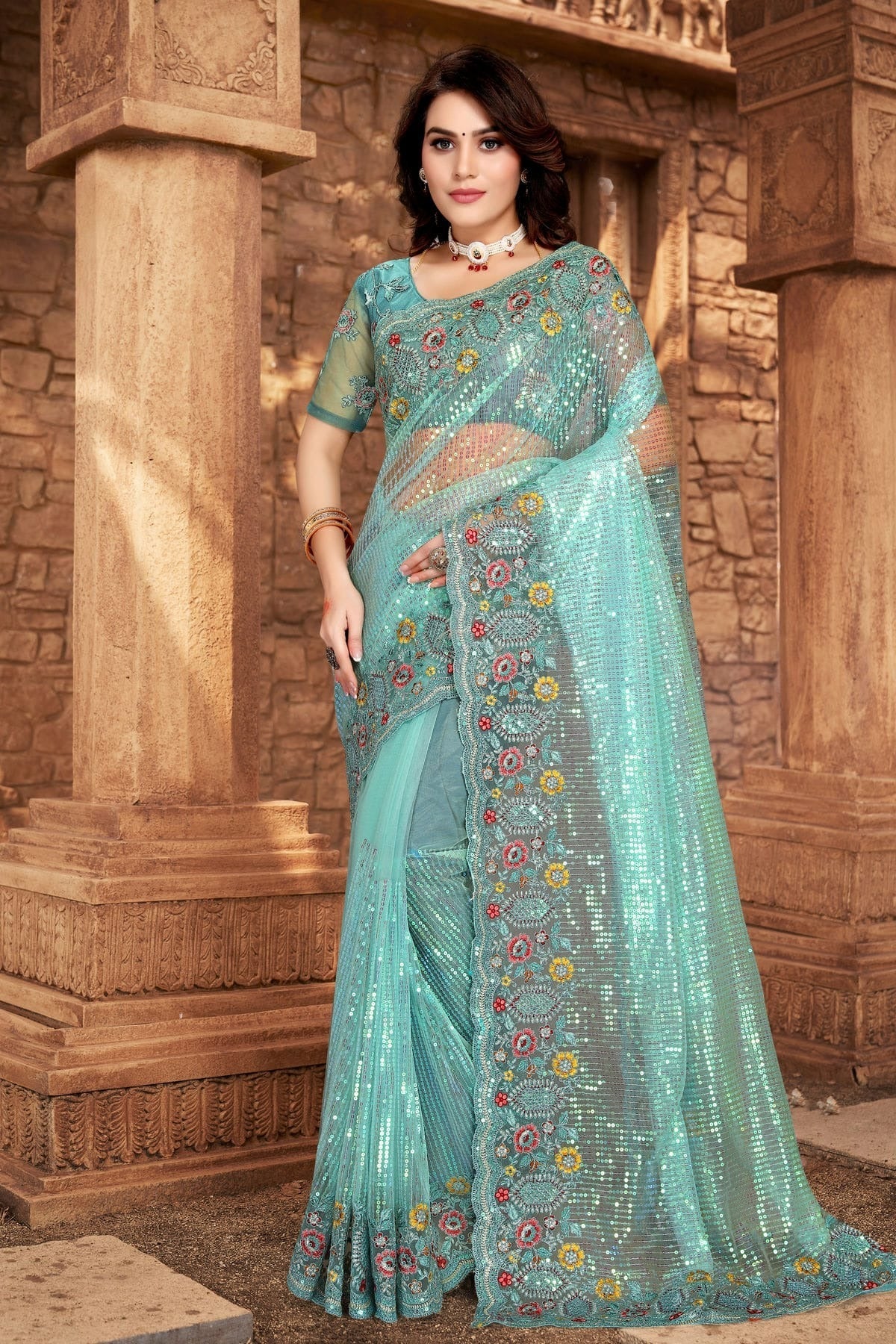 Sky Blue Colour Net Designer Saree LC1121330