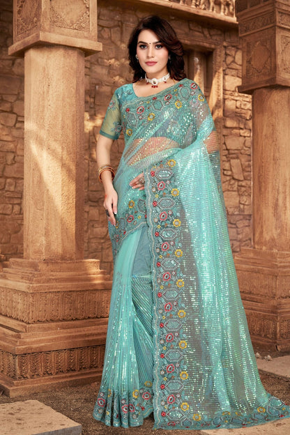 Sky Blue Colour Net Designer Saree LC1121330