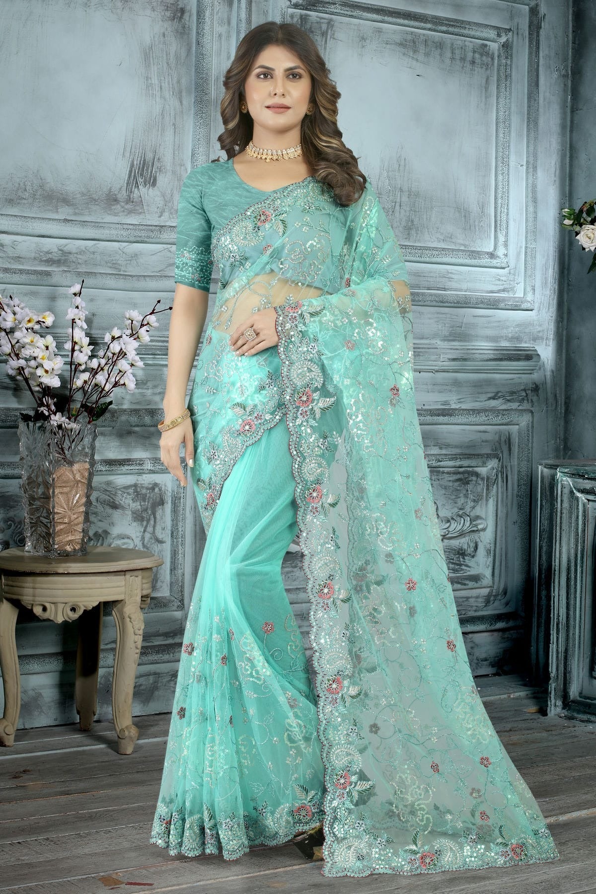 Sky Blue Colour Net Designer Saree LC1121411