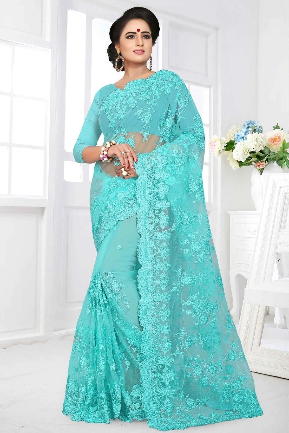 Sky Blue Colour Net Designer Saree SD1090029