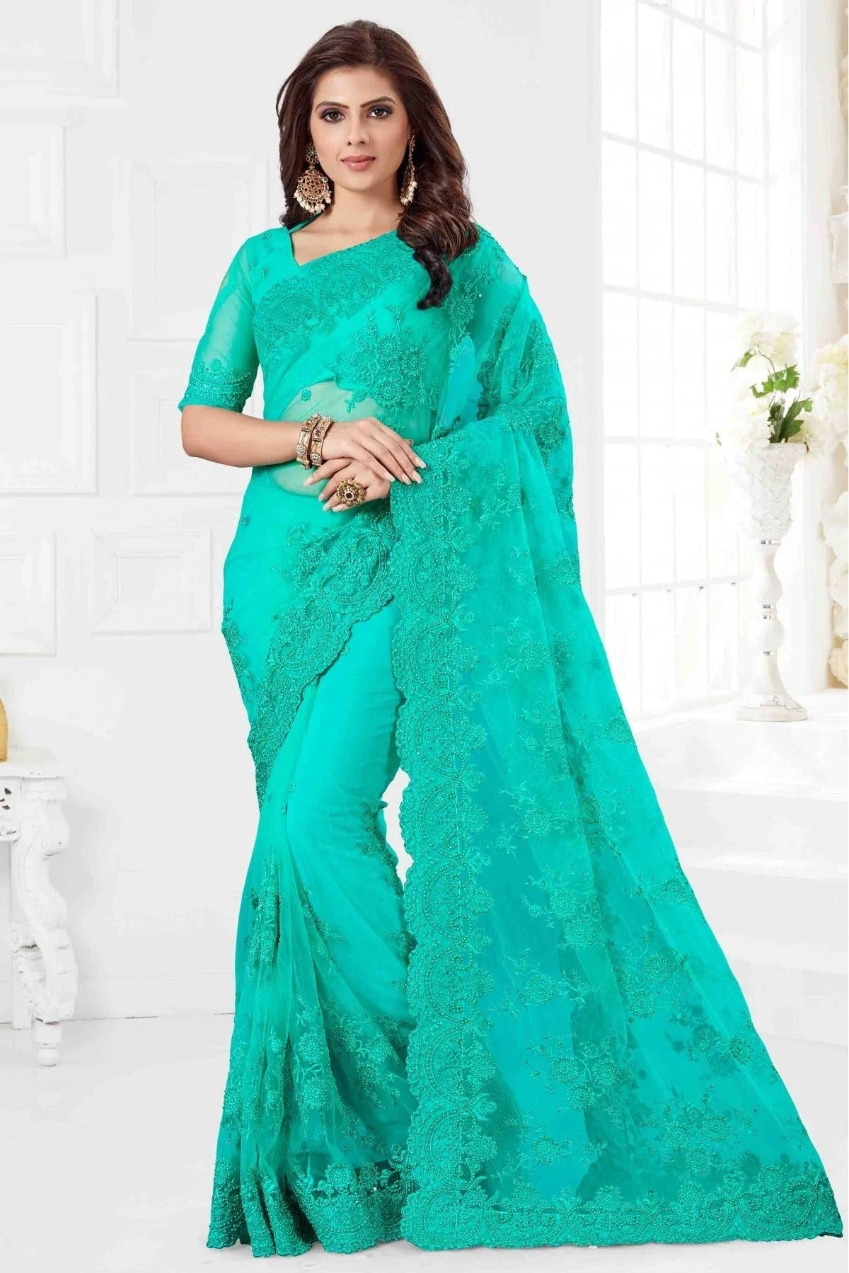Sky Blue Colour Net Designer Saree SD1090060