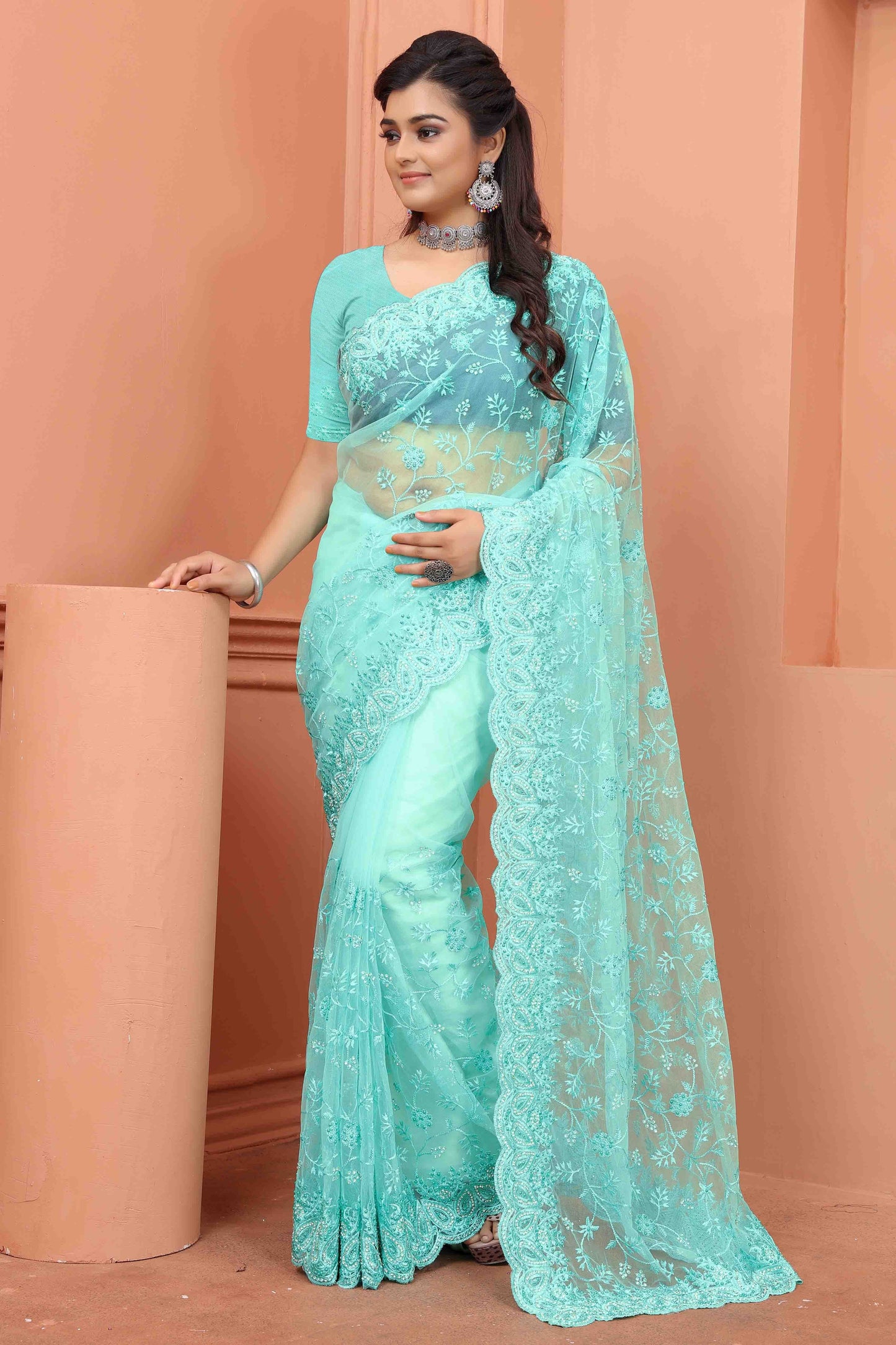 Sky Blue Colour Net Designer Saree SD1090520