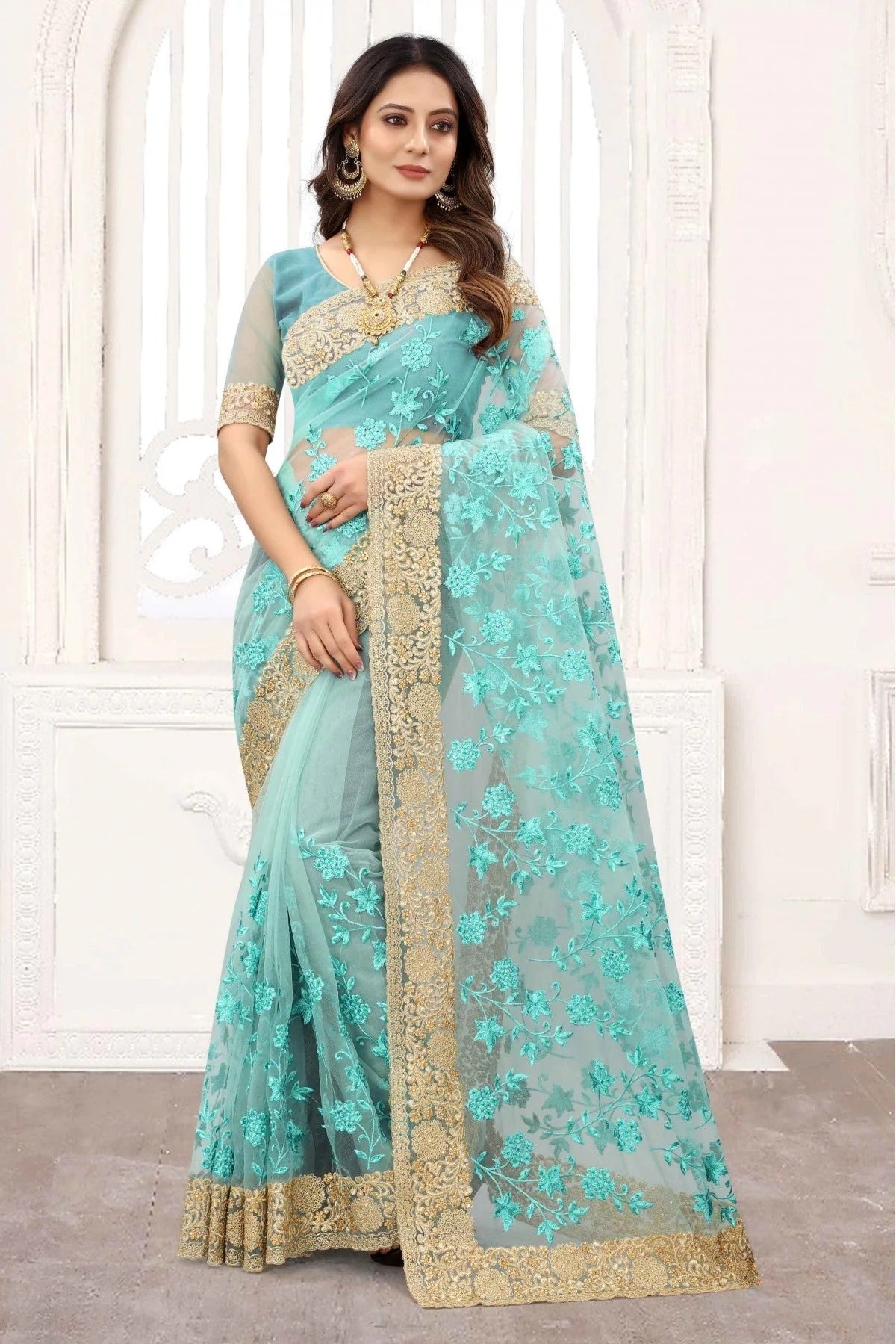 Sky Blue Colour Net Designer Saree SD1120846