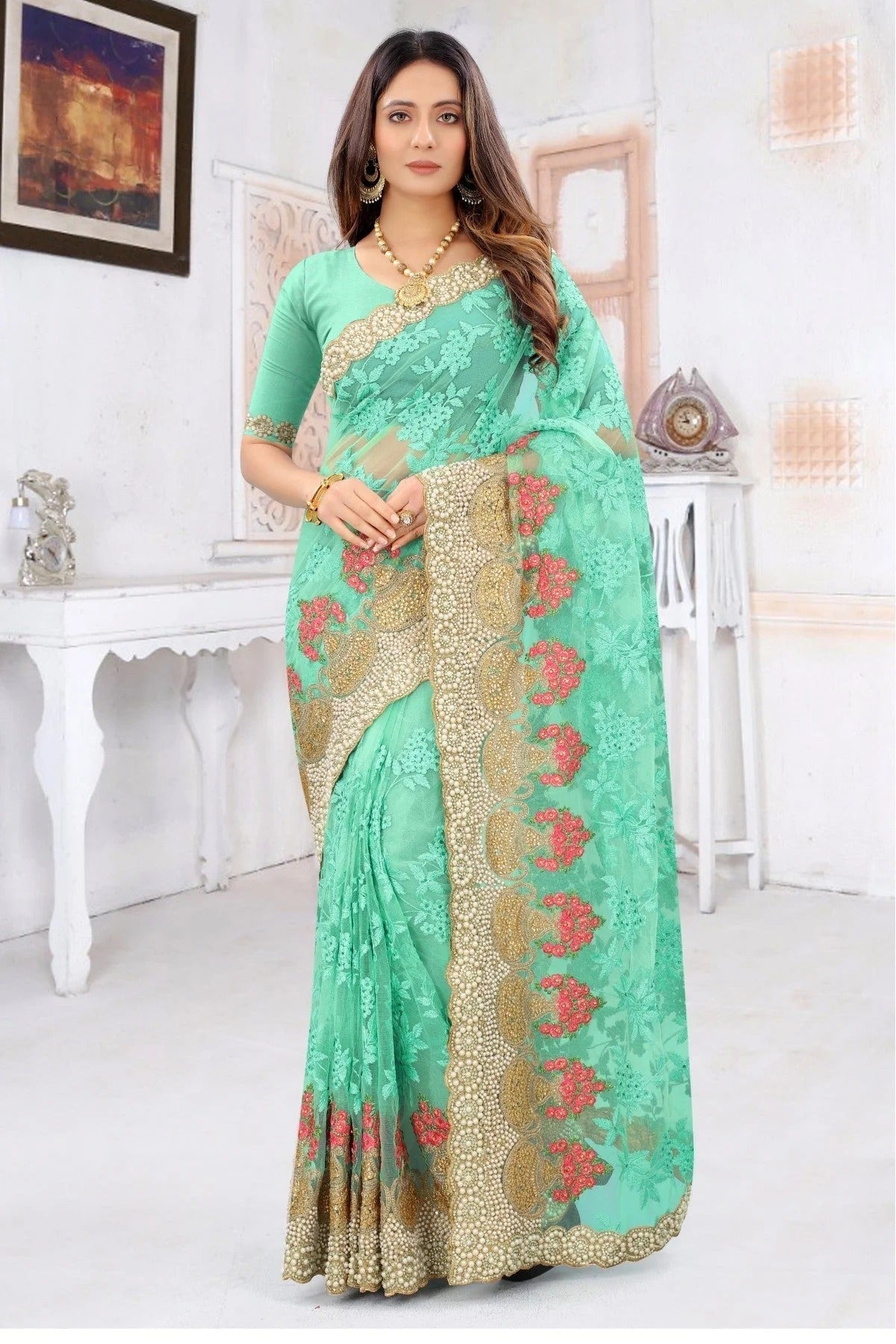Sky Blue Colour Net Embroidery Saree SD1090224