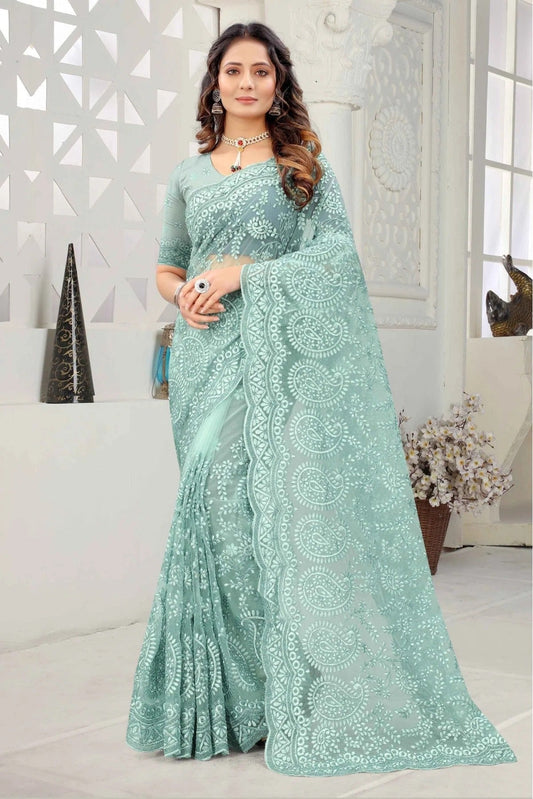 Sky Blue Colour Net Embroidery Saree SD1090230