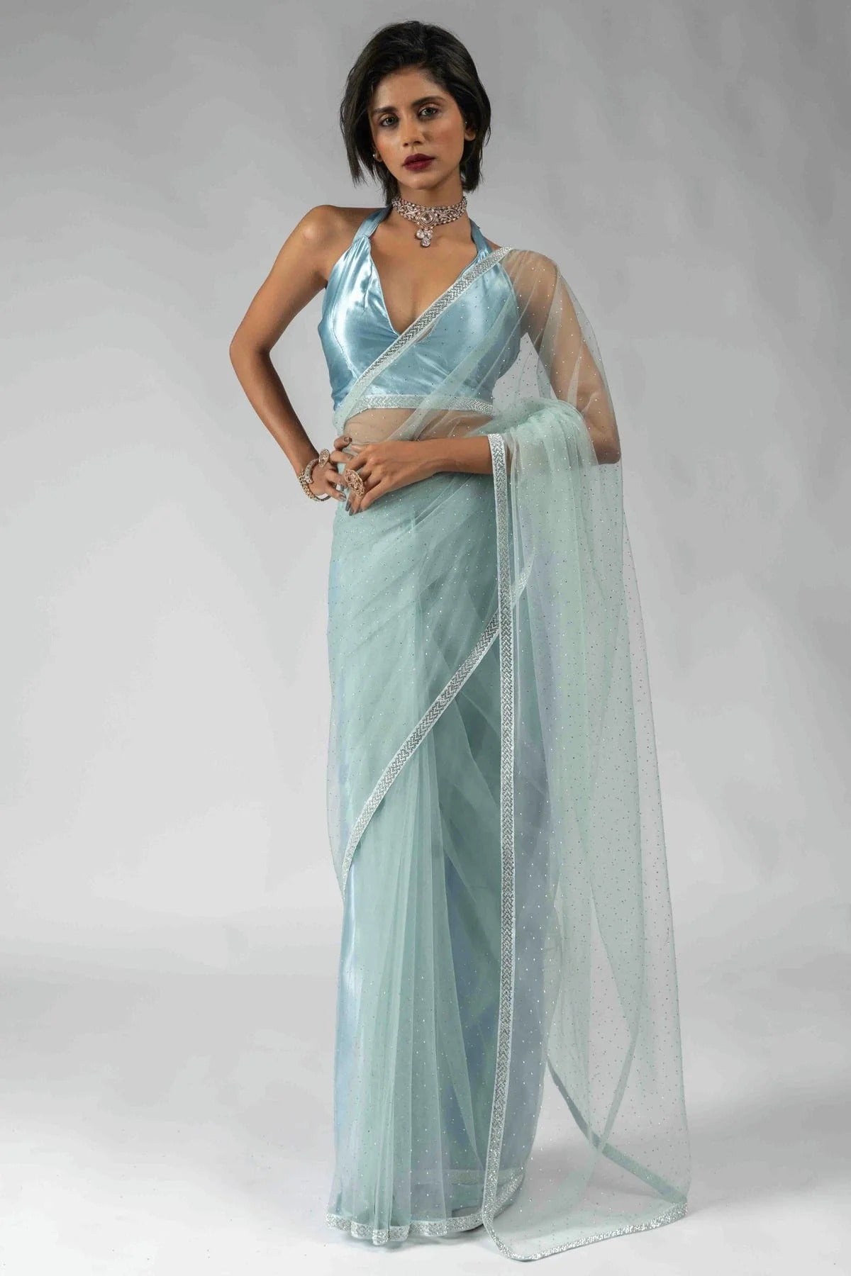 Sky Blue Colour Net Ready To Wear Saree SD1122055
