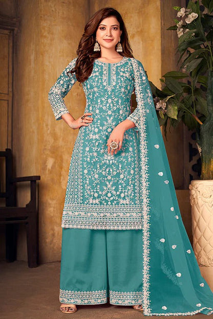 Sky Blue Colour Net Semi Stitched Palazzo Pant Suit SM1050325