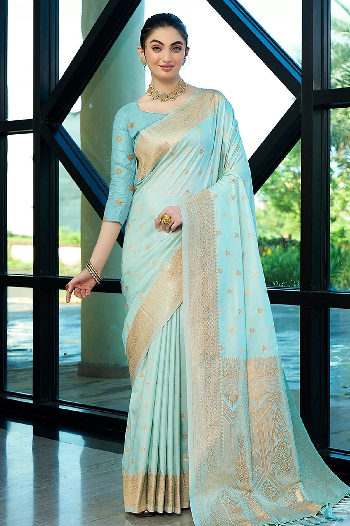 Sky Blue Colour Nylon Banarasi Traditional Saree SD1112134