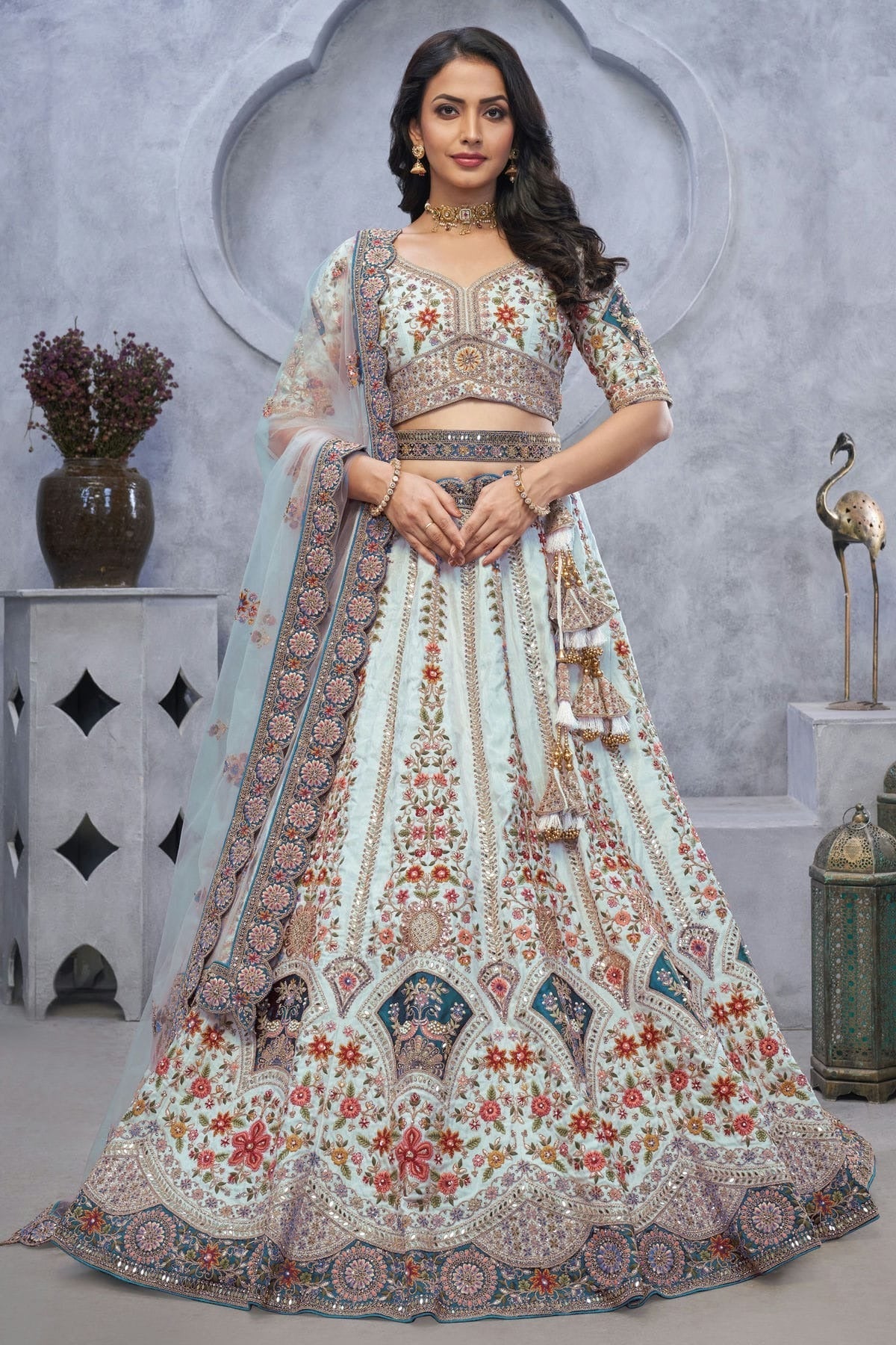 Sky Blue Colour Organza Embroidery Lehenga Choli LC1111374