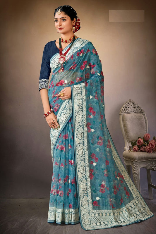 Sky Blue Colour Organza Printed Saree LC1121570