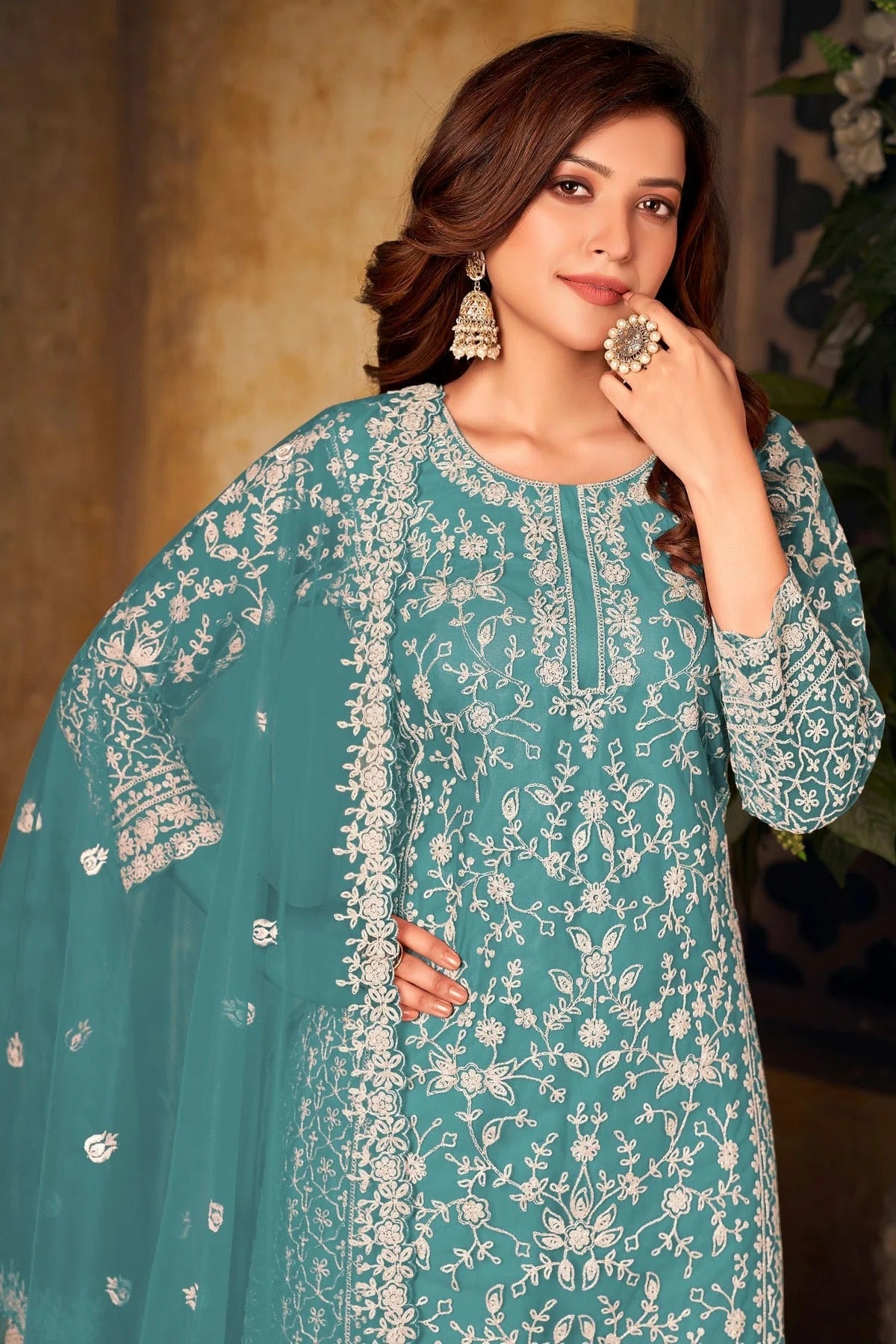 Sky Blue Colour Plazoo Pant Suit Net Semi Stitched SM1050524 A
