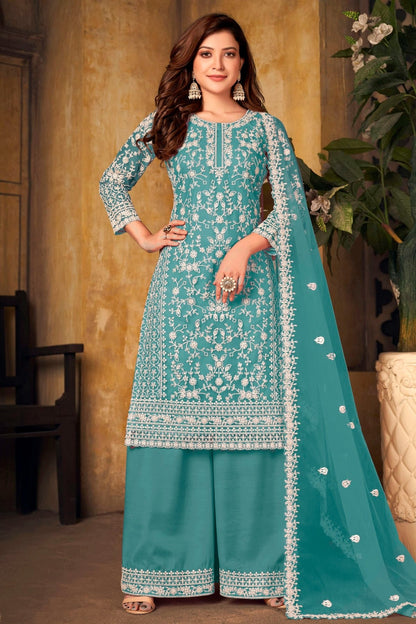 Sky Blue Colour Plazoo Pant Suit Net Semi Stitched SM1050524