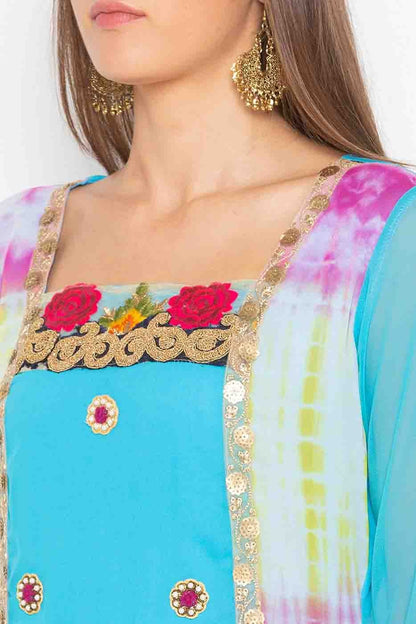 Sky Blue Colour Plus Size Stitched Georgette Embroidery Palazzo Pant Suit BW1070192 B