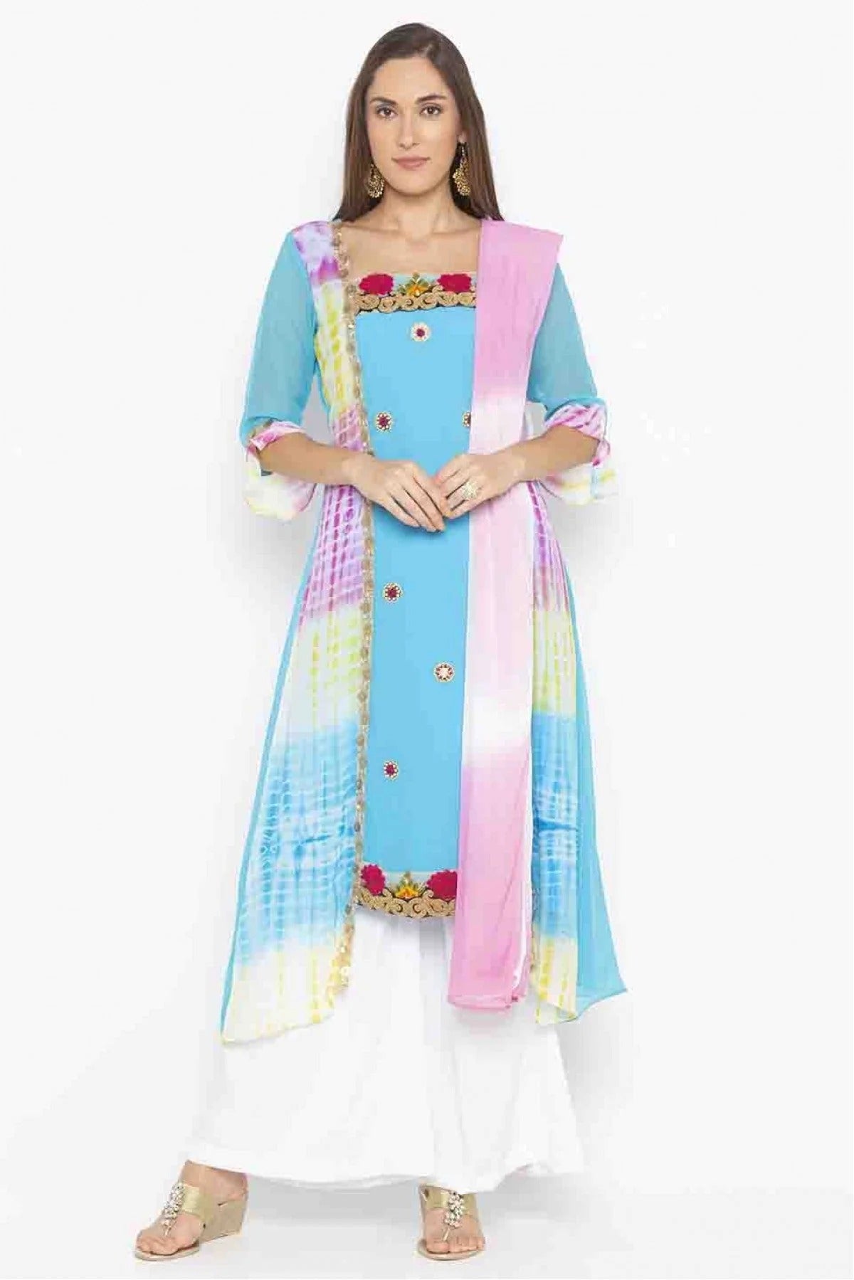 Sky Blue Colour Plus Size Stitched Georgette Embroidery Palazzo Pant Suit BW1070192