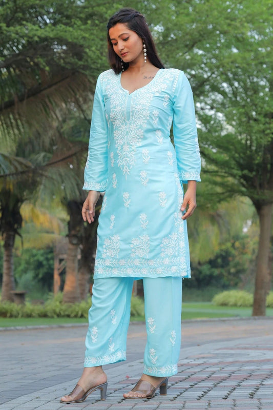 Sky Blue Colour Rayon Kurta And Pant Set KR1111300