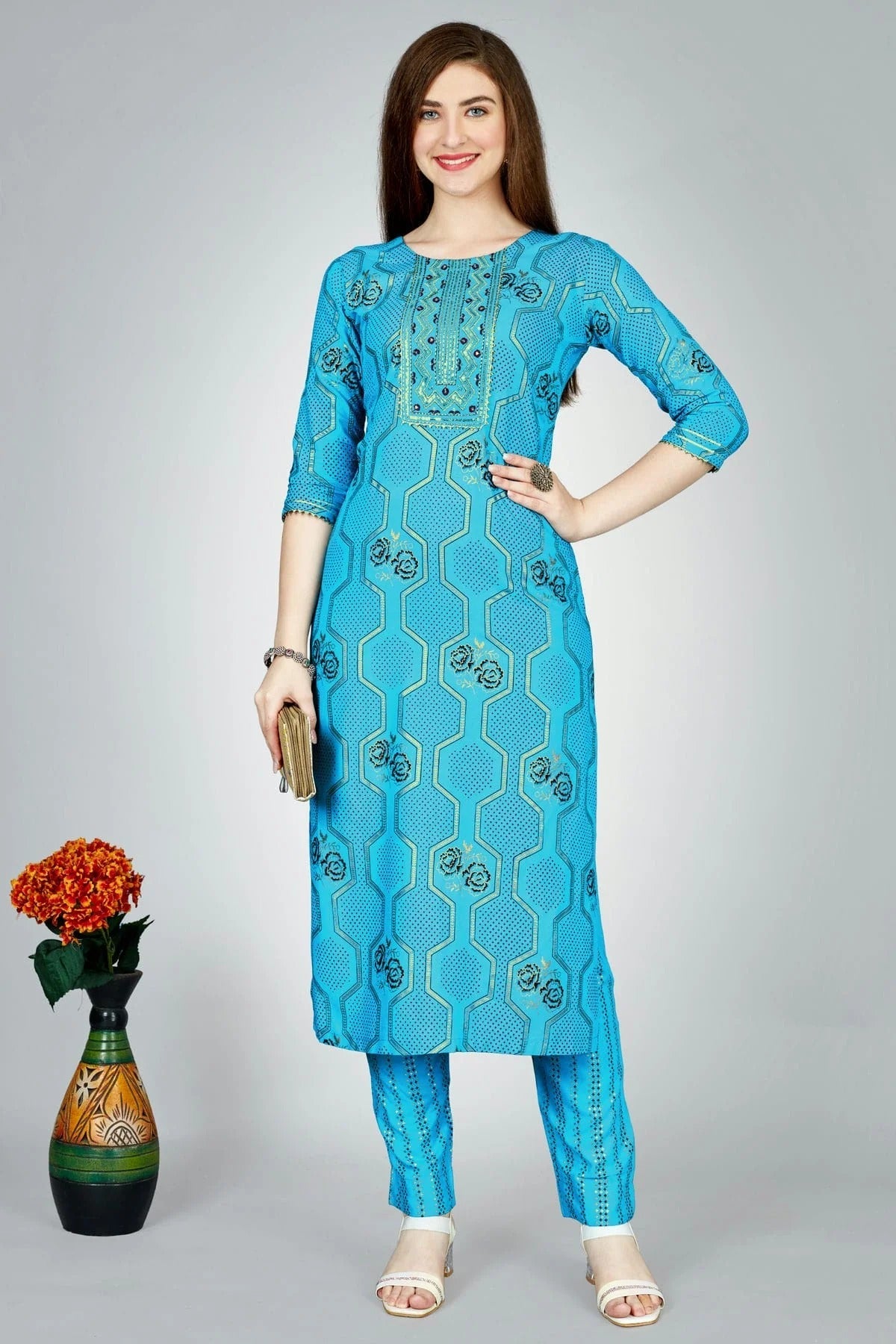 Sky Blue Colour Rayon Kurta And Pant Set KR1111308
