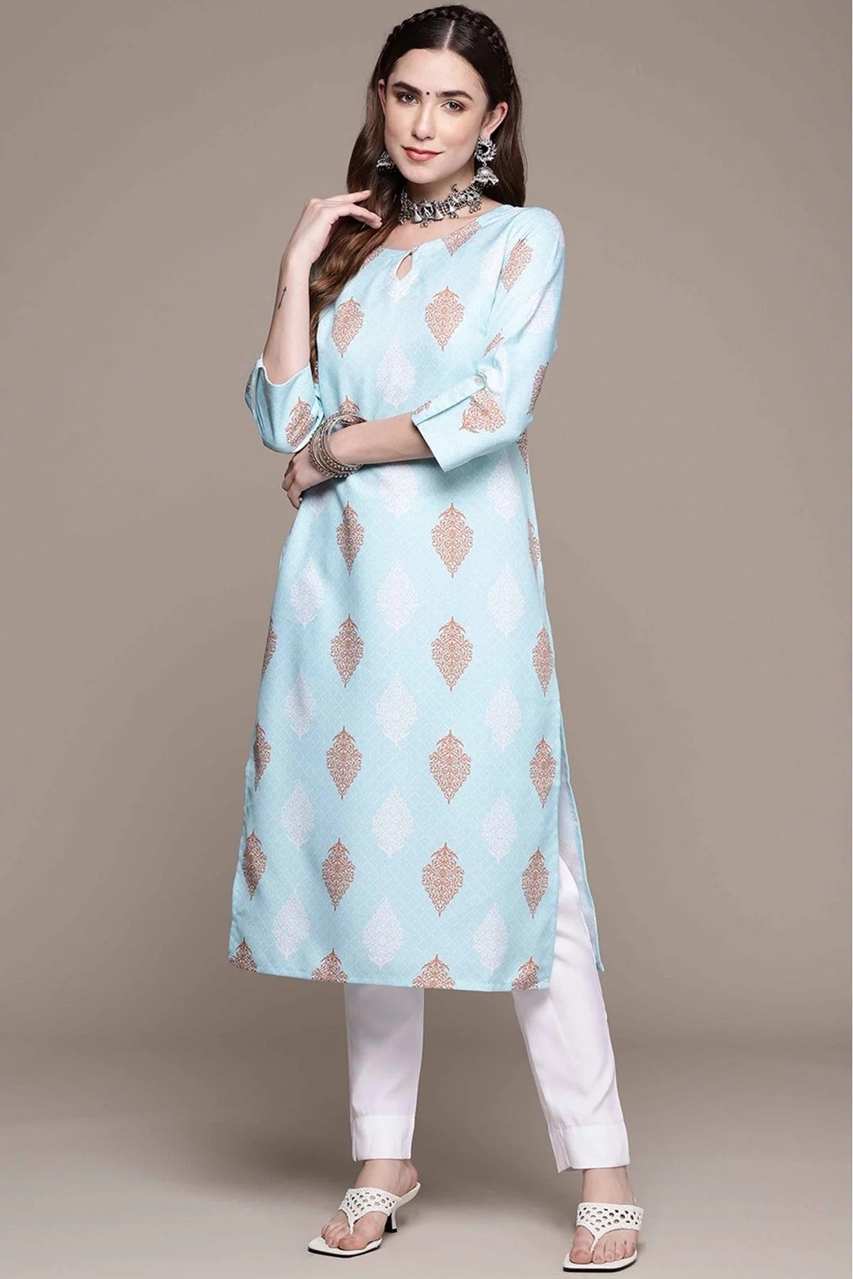 Sky Blue Colour Rayon Printed Kurta With Pant KR1060158
