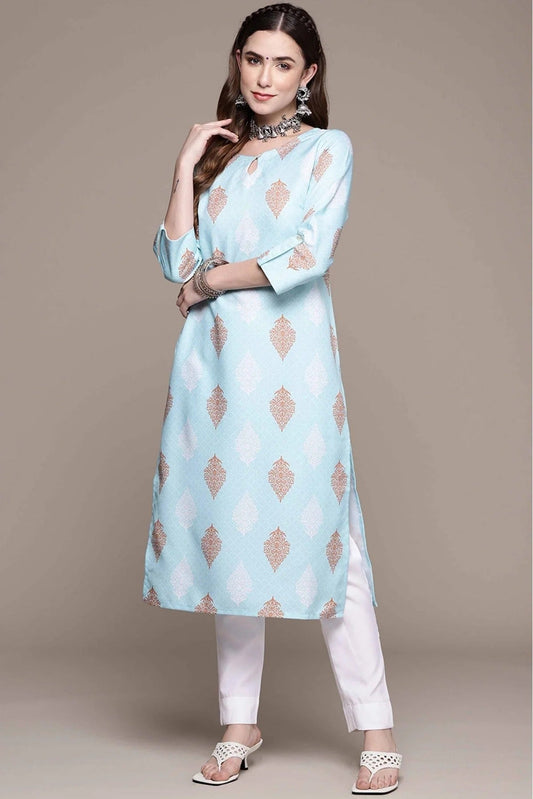 Sky Blue Colour Rayon Printed Kurta With Pant KR1060158