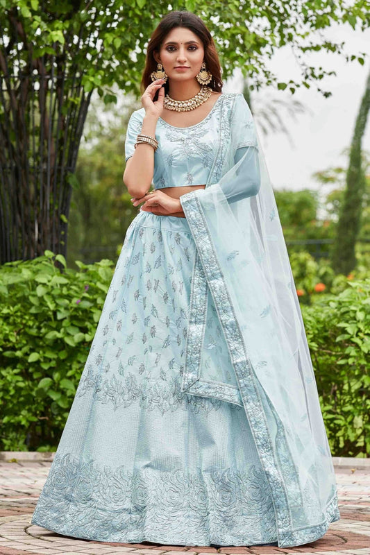 Sky Blue Colour Satin Silk Semi Stitched Lehenga Choli LC1170076