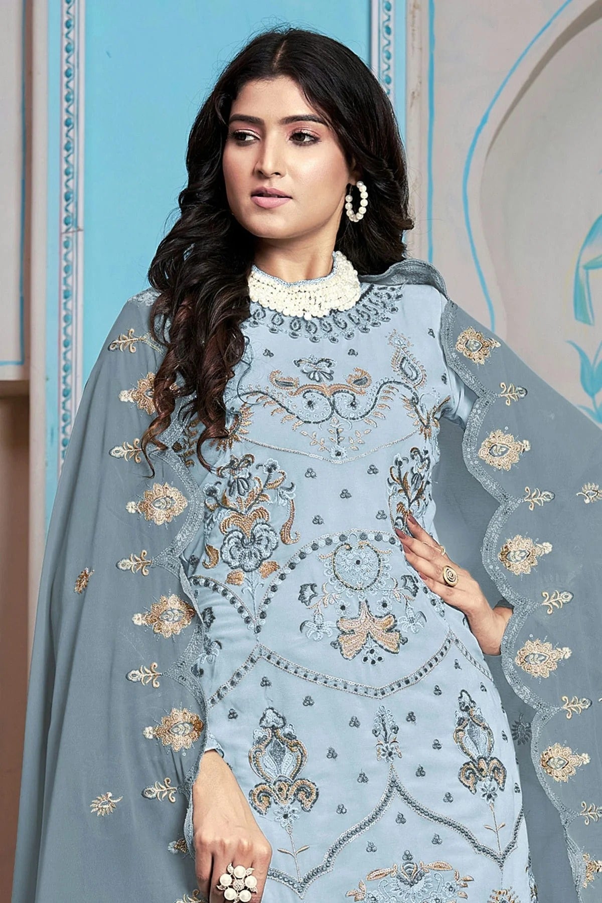 Sky Blue Colour Semi Stitched Faux Georgette Pakistani Suit SM1140229 A