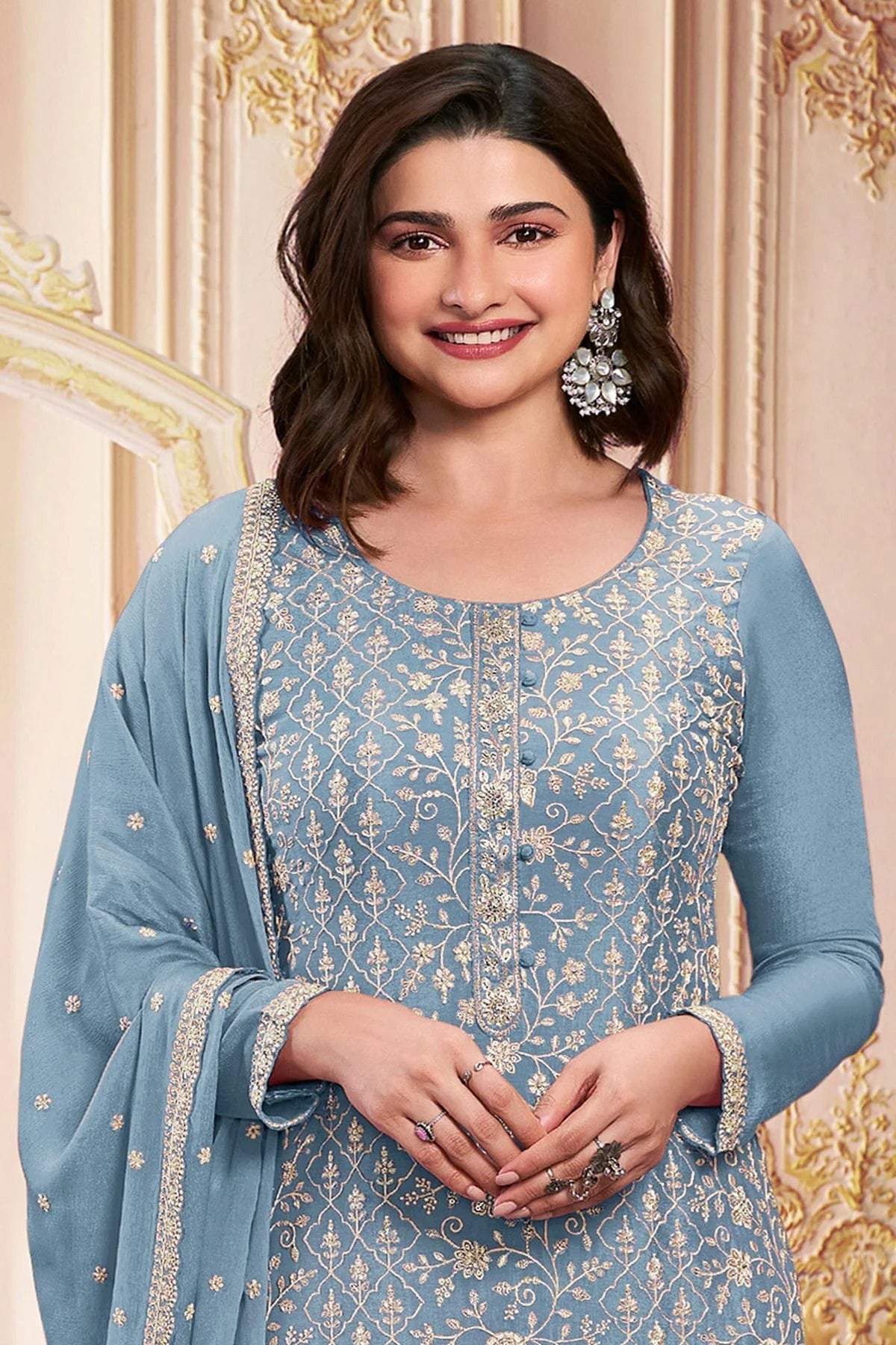 Sky Blue Colour Semi Stitched Faux Georgette Pant Style Suit SM1140288 A