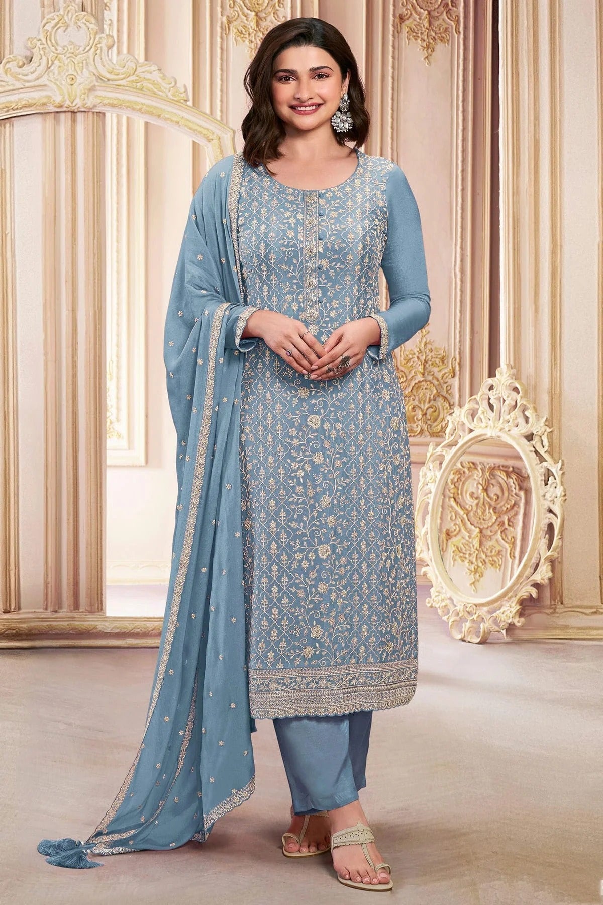 Sky Blue Colour Semi Stitched Faux Georgette Pant Style Suit SM1140288