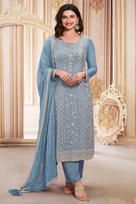 Sky Blue Colour Semi Stitched Faux Georgette Pant Style Suit SM1140288
