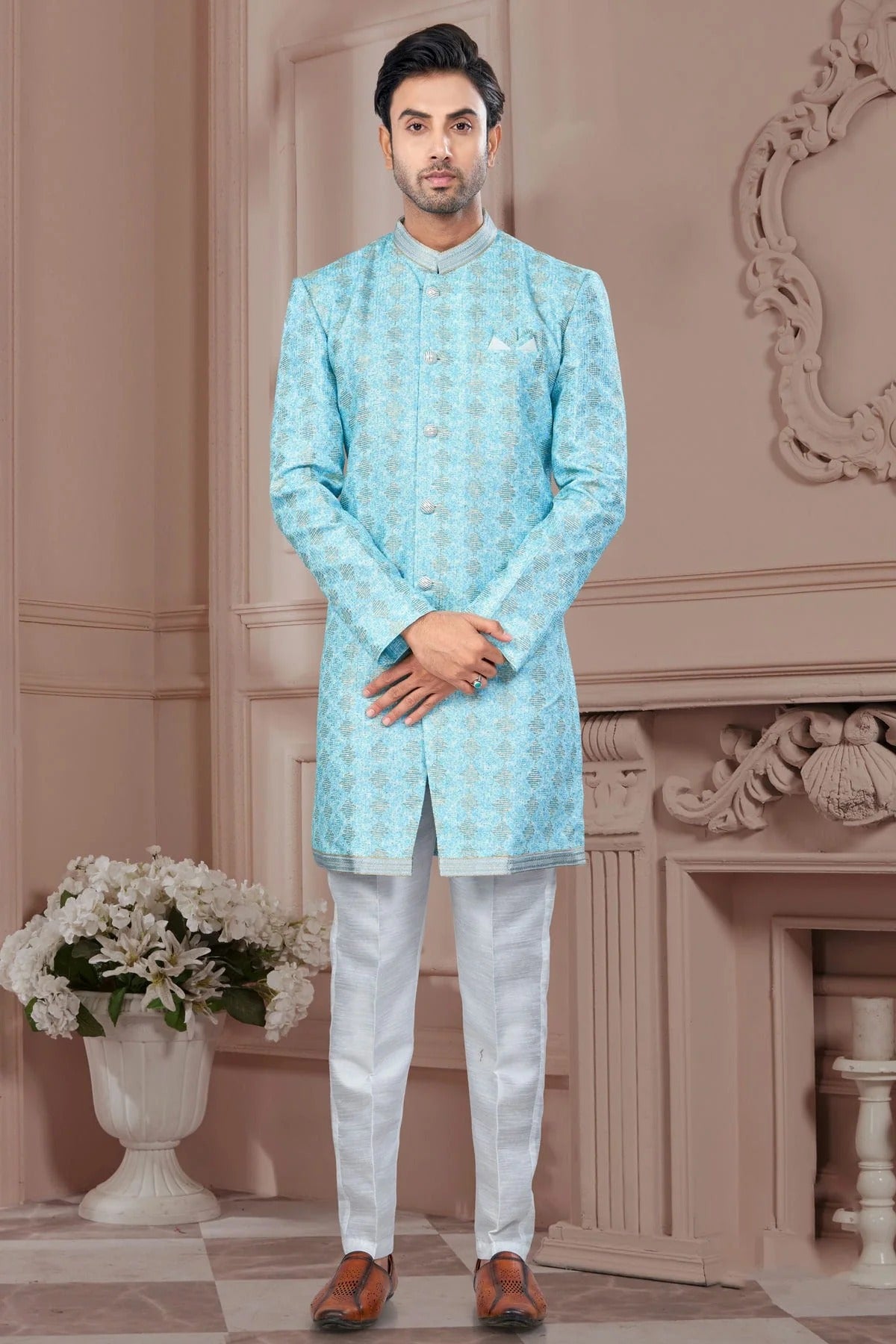 Sky Blue Colour Silk Dupion Sherwani SH1040592
