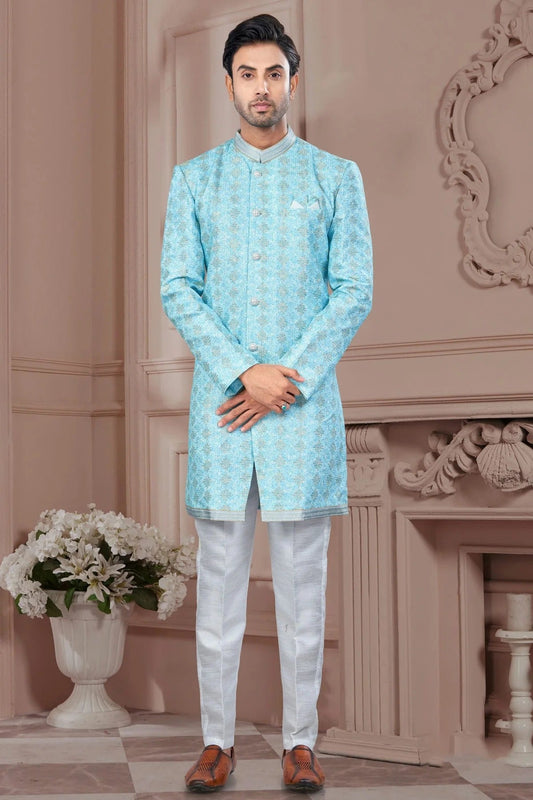 Sky Blue Colour Silk Dupion Sherwani SH1040592