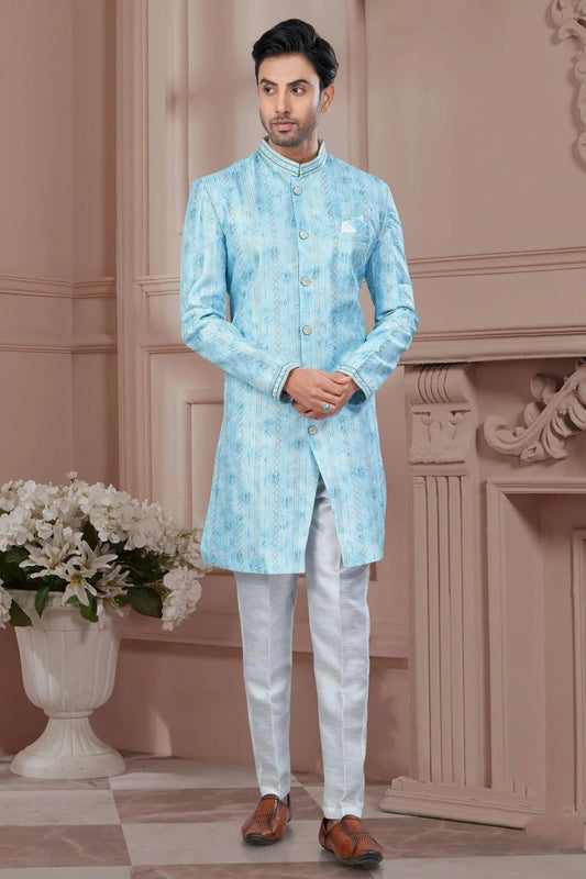 Sky Blue Colour Silk Dupion Sherwani SH1040594