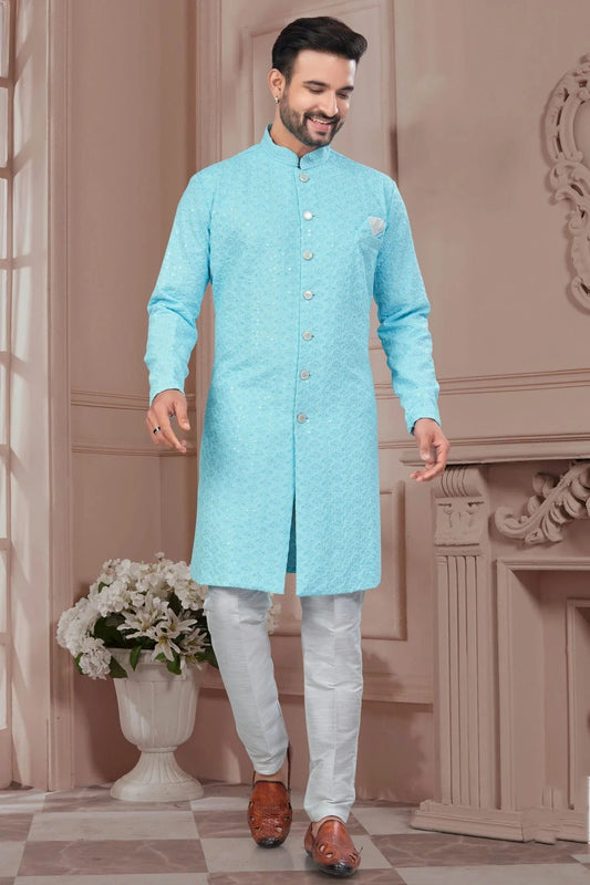 Sky Blue Colour Silk Dupion Sherwani SH1040606