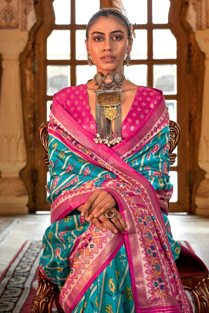 Sky Blue Colour Silk Patola Print Saree SD1290053 A