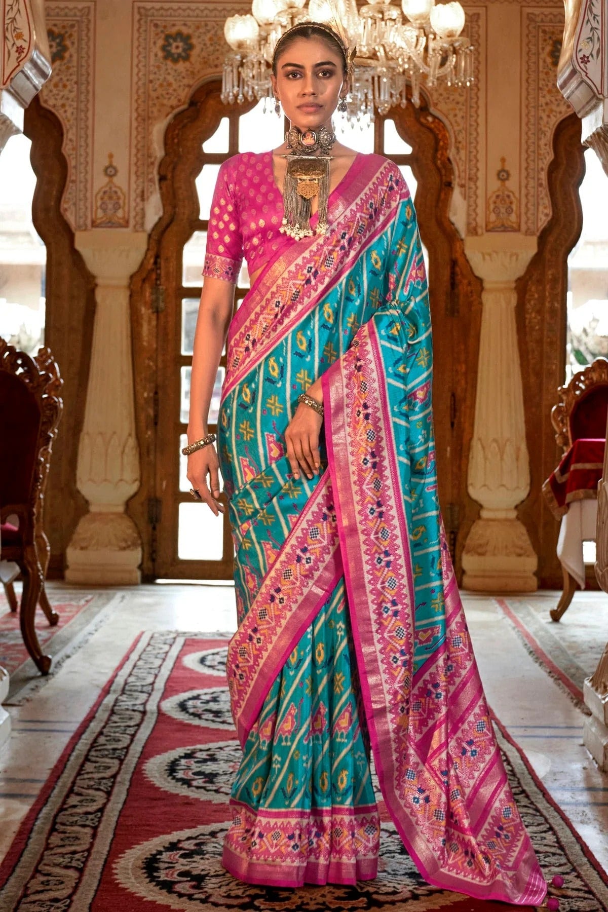 Sky Blue Colour Silk Patola Print Saree SD1290053