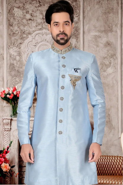 Sky Blue Colour Slub Silk Sherwani SH1040309 A