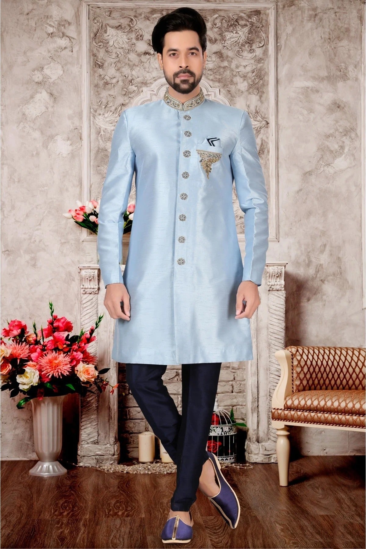 Sky Blue Colour Slub Silk Sherwani SH1040309