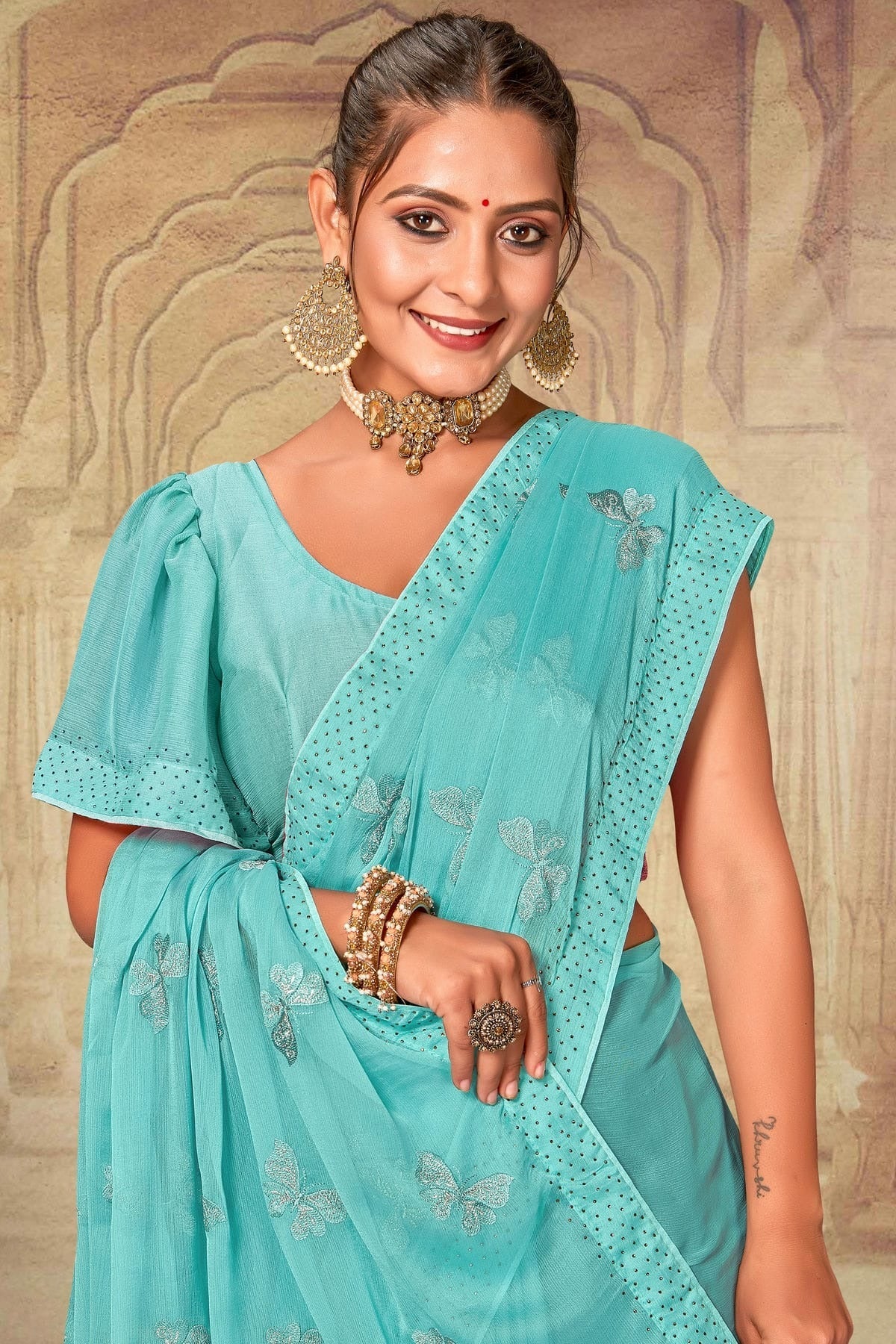 Sky Blue Colour Soft Silk Chiffon Designer Saree LC1121527 A